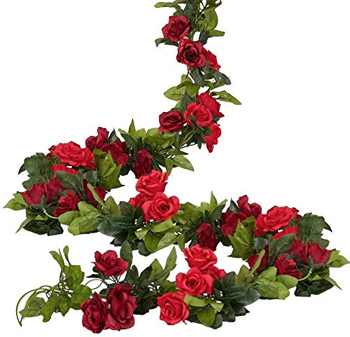 JARELING 4 Pack(28.8 Ft) Artificial Flower Garland Silk Rose Flower Vines Fake Flower Garland for Backdrop Hanging Garlands Flowers Artificial for Decoration Wedding Arch Room(Red)