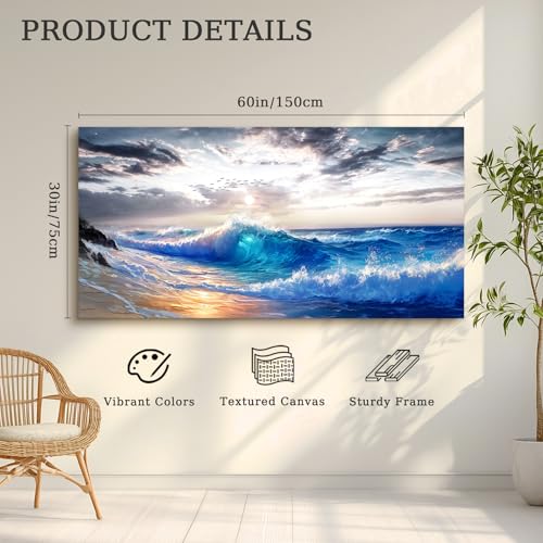 crmotu Coastal Wall Art, Beach Wall Art, Ocean Art Wall Decor, Great Wave Canvas Prints, Beachy Landscape Large Artwork, Seaside Pictures for Living Room Bedroom, Modern Office Decor 30x60inch