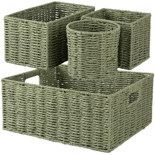 OIAHOMY Wicker Baskets for Organizing Large and Small Shelf Baskets Set Handwoven Bins for Storage Paper Rope Home Organizers Set of 4-Green