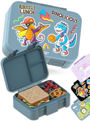 Image of BEARFOOT Kids Lunch Box with Compartments - Compact & Lightweight | Leak-Proof, BPA-Free, Dishwasher Safe | Hand-Drawn Design for Preschool, School, Travel (Dinos Blue, 2.75 Cups)