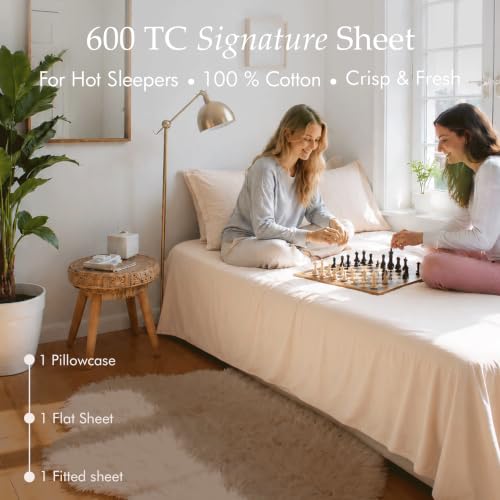 Image of Threadmill 600 Thread Count Cotton Twin Sheet Set, Sateen, Beige, 3-Piece