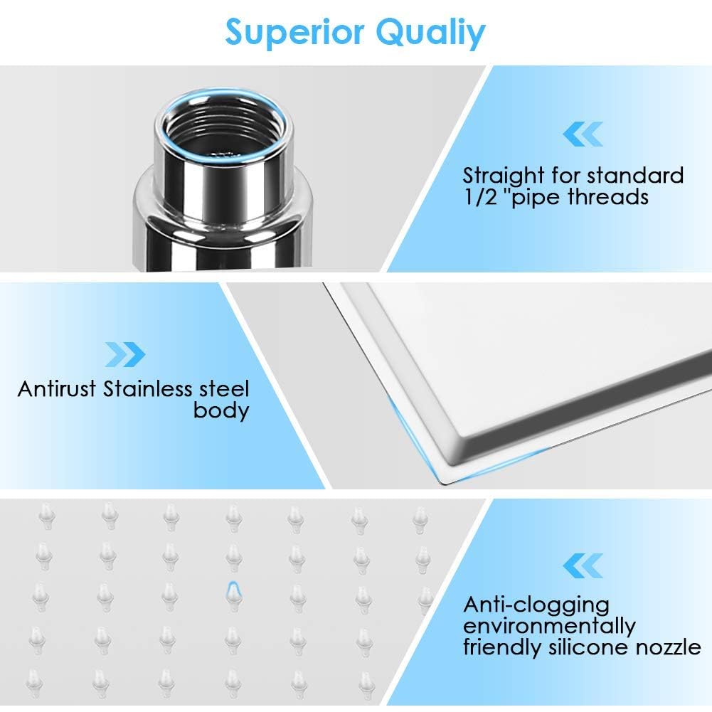 50 x 50 cm Soffione Doccia a Pioggia in Acciaio Inossidabile, Soffione Rettangolo Ultrasottile da 16 Pollici, Soffione doccia a Incasso Tondo ad Alta Pressione e Risparmio Idrico per Bagno, Argento