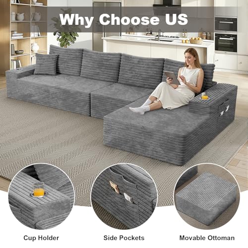 Image of 138 inch Cloud Sectional Couch with L Shape Chaise, Extra Large Frameless Corduroy Sofa, Higher 17.7 inch Seat Height, 32D Pure Foam,Modular Seating for Living Room,No Assembly(Light Gray,Right Facing Chaise)