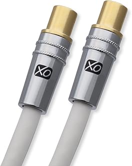 XO - 2m Male to Male Shielded TV/AV Aerial Coaxial Cable with Gold Plated Connector and Metal Plug For UHF/RF TVs, VCRs, DVD players, DVRs, cable boxes and satellite - White