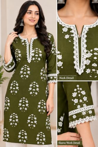 Image of Women's Cotton Floral Printed V-Neck A-Line Kurta /Regular Fit Kurti-3 /4 Sleeve