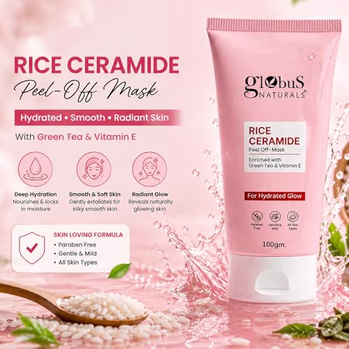 Image of Globus Naturals Glass Skin Glow Rice Ceramide Peel Off Mask 100gm | Korean Glow Face Mask | Hydrating, Brightening & Deep Cleansing | Green Tea & Vitamin E | For Smooth, Radiant & Dewy Skin 100gm