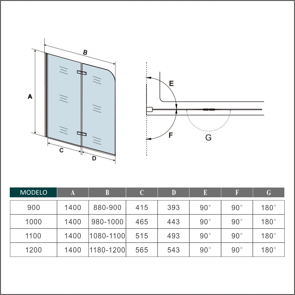 Mampara Ducha para Bañera - Abatible 2 Hojas - Cristal Templado 6mm - Plegable - (980-1000) X1400mm