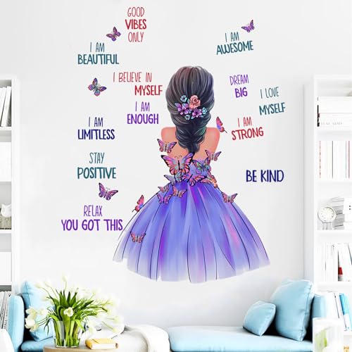 Purple Girl Wall Stickers, Inspirational Girl Home Decor Wall Decals with Butterfly