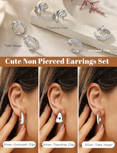 Image of BESTEEL 3Pairs Clip on Earrings for Women Trendy Hypoallergenic 14K Gold Plated Chunky Tube Croissant Waterdrop Clip-on Hoop Earrings Set Fake Jewelry Non Pierced Ears