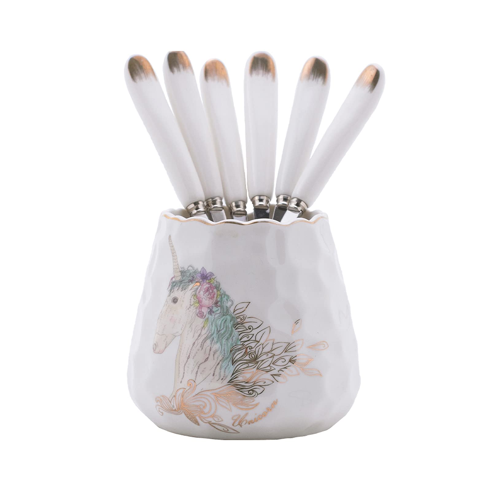 Ceramiche Squisite ， Set Di 6 Cucchiai Forchetta for Torta Con Manico In Ceramica In Acciaio Inossidabile Con Manico In Ceramica Da 6 Pezzi, Con Barattolo In Ceramica, Set Di Posate Da Dessert, for Fe
