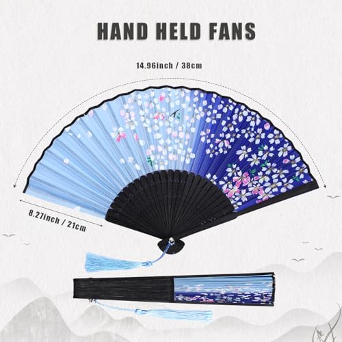 image for Zonon 4 Pack Handheld Floral Folding Fans Hand Held Silk Bamboo Fans w