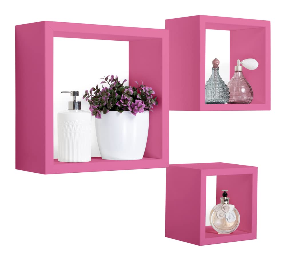 MODULARREDO | Set di 3 Mensole da Muro, Cubi Arredo, Mensole Cubo, Cubi da Parete, 35x35, 25x25 e 20x20 p15.5 cm, Fuxia, Kit Tasselli Incluso - Made in Italy