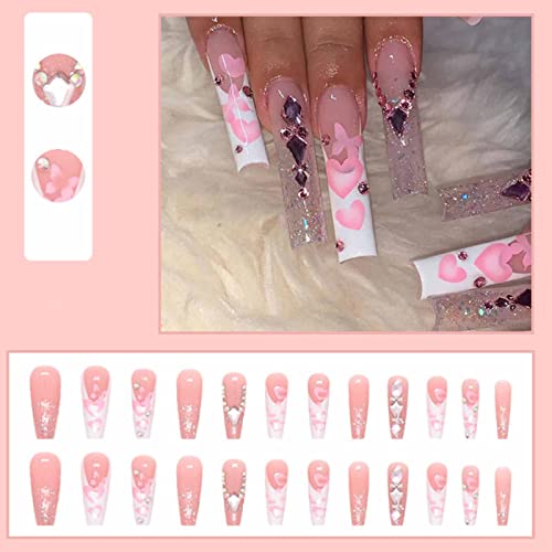 Kamize Long Pink Press On Nails Heart Coffin Rhinestones Fake Nails Full Cover Bling Acrylic French False Nails For Women And Girls 24Pcs #TOP3