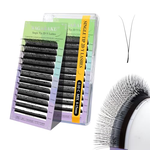 NAGARAKU Y Pestañas 2D Forma Y Extensiones de Pestañas Postizas Abanico Profesionales Prefabricados Prehecho Ligero Suave Natural Volumen Ruso Individual Ventilador Y Lash Negro Mate(0.10 C 8-15mm)