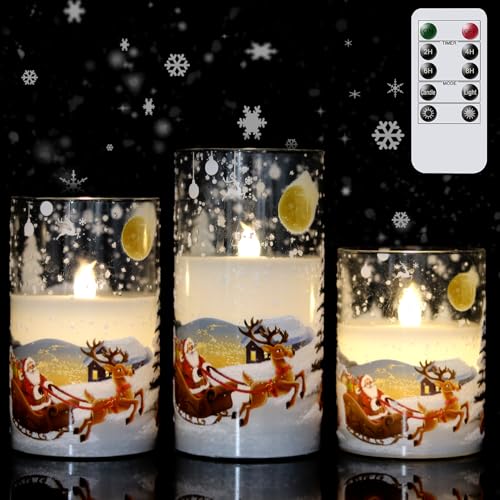 Image of Wondise Santa Claus Glass Flameless Candles Remote and Timer, Battery Operated Real Wax LED Flickering Pillar Candles White Cold Light Window Christmas Holiday Decor D3 x H4, 5 inch, 6 inch