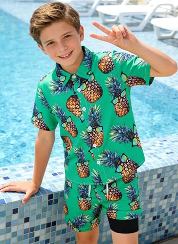 Image of UNICOMIDEA Boys Hawaiian Outfits Tropical Print Button Down Shirt + Swim Trunks 2 Piece Sets for 5-12T Kids