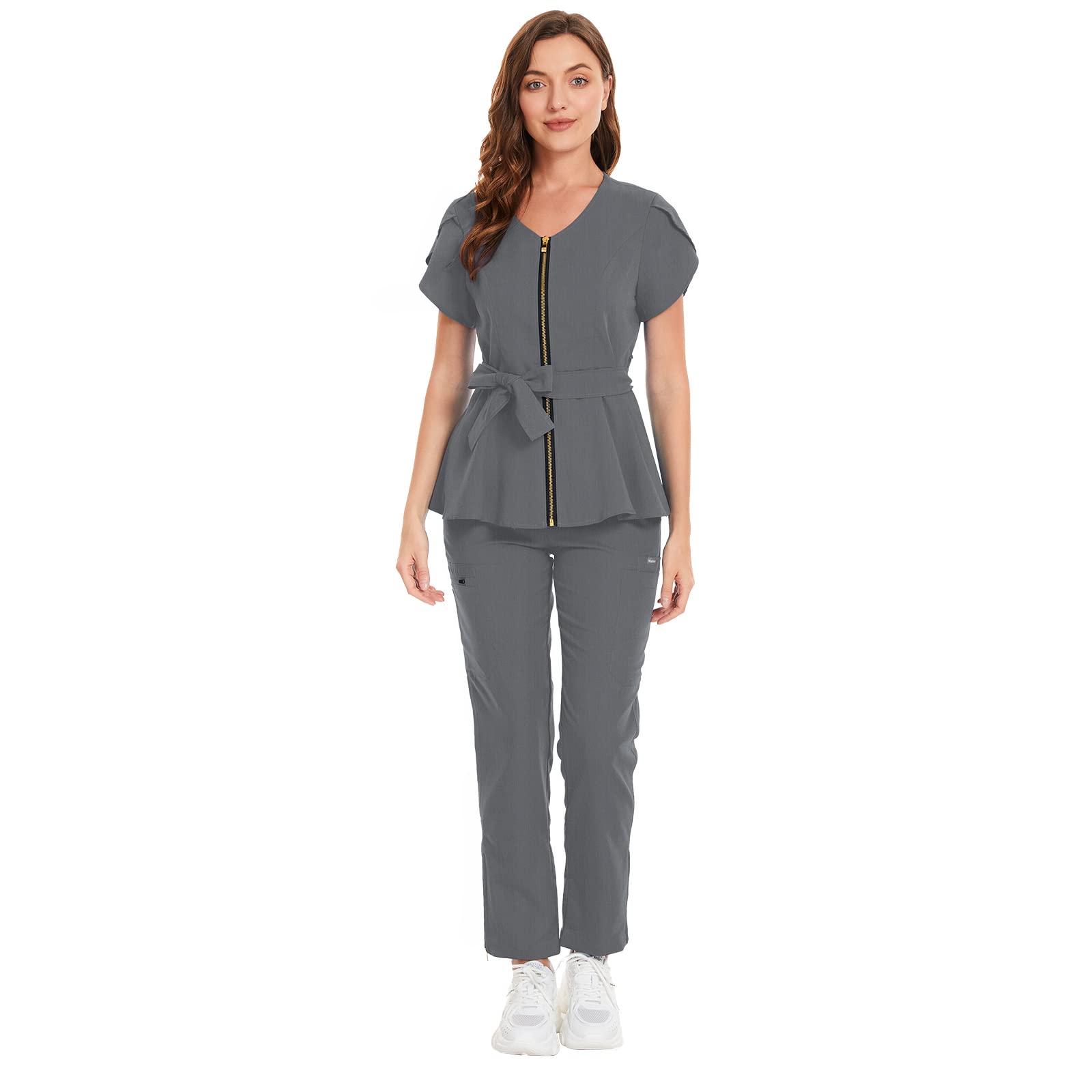 niaahinn Scrub Set for Women Medical Uniform Scrub Top Pants with Zipper Drawstring Pants Nursing Dental Workwear