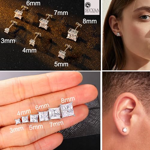 Image of SIVYAA Men's Single White /Black Square Solitaire Diamond Stud Earrings | Pure 925 Sterling Silver | Princess Cut Swiss Cubic Zirconia Ear Tops | Gift Item for Men and Boys | 6 Month Warranty