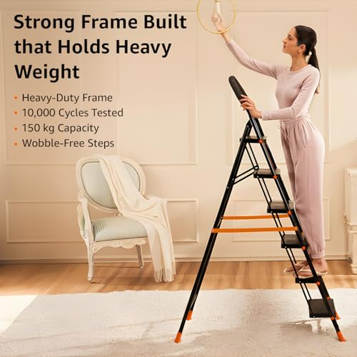 Image of Amazon Basics Curvo-Foldable Step Ladder, Ribbed Steps, Knee Guard, Non-Marring PVC Shoes, 6 Steps (Black & Orange)