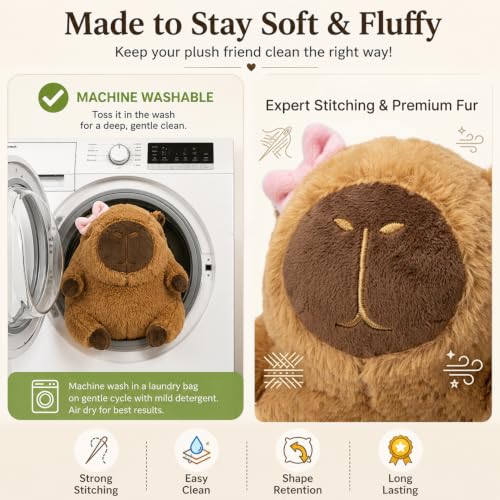 Image of FuzzyTales Bow Capybara Soft Toy 25cm | Stuffed Plush Animal for Kids & Adults | Kawaii Cute Animal Toy for Cuddles, Gifts & Room Decor | for Birthdays, Thanksgivings and Every Event (25cm with Bow)