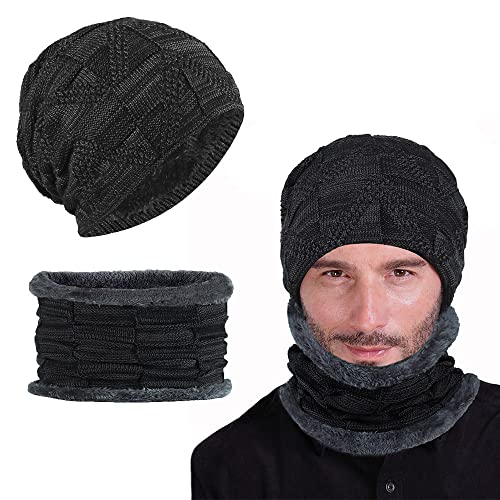 THATSRAD 2 PCS Ensemble Bonnet Echarpe Homme Ensemble Hiver Bonnet avec Écharpe en Tricot Coffret Echarpe Bonnet Homme Bonnet Écharpe Hiver Bonnet Echarpe Polaire Cache Cou Chaud Homme, Noir Cover
