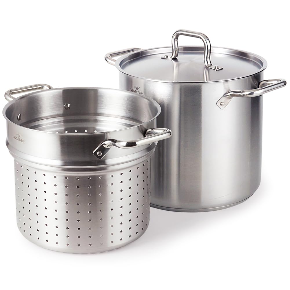 HOMICHEF Pentola per pasta in acciaio inox senza nichel da 13 litri, con colino e coperchio – Cestini in acciaio inox di grado commerciale – Set di pentole a vapore a induzione lucidate opache da 13