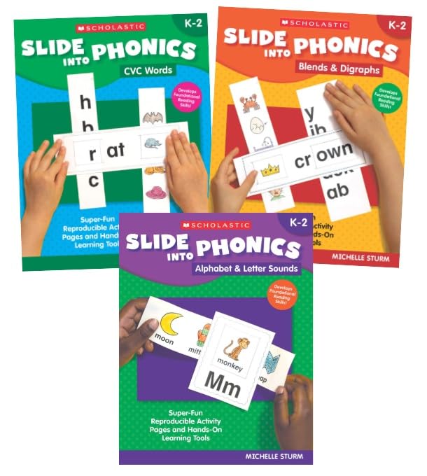 Scholastic Slide Into Phonics Series 3 Books Set - CVC Words, Blends & Digraphs, Alphabet & Letter Sounds