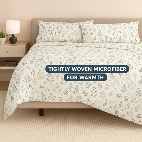 Image of King Size Bedsheet - Leafy-Tranquil - 108 x 108 Inches - Brushed Microfiber Flat Sheet with Pillow Covers - Soft, Cooling, Wrinkle & Fade Resistan