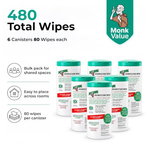 Image of Monk Surface Cleaning Wipes for Facilities, 80 Count Canisters, 6 Pack | Heavy Duty Cleaning Wipes - 3in1 Disinfectant, Deodorizer & Sanitizer Cleaning Supplies - All Purpose Cleaner for Home & Gym