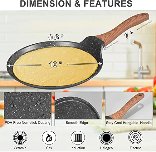 Aoorun Crepe Pan, Pancake Pan, Dosa Tawa Pan Nonstick Flat Griddle Frying Skillet Pan With Granite Coating & Solid Wood Handle For Omelette, Tortillas, Induction Compatible, 10 Inch #TOP1