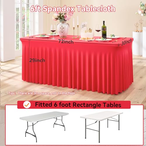 Image of 6 pk Red Spandex Tablecloth 6ft with Ruffle Skirt,Wrinkle Free High Stretch Fitted Tablecloths for 6 Foot Rectangle Tables,Pleated Skirts Spandex Table Covers 6ft for Christmas Party Banquet Wedding