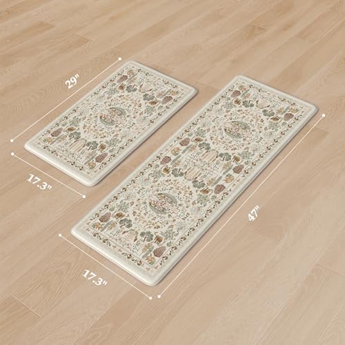 Image of KIMODE Anti Fatigue Kitchen Mats 17 inchx47 inch+17 inchx29 inch, Vibrant Floral Kitchen Rugs Sets of 2, Cushioned Non Skid Kitchen Mats for Floor, Comfort Kitchen Floor Mats for Sink Laundry Desk Beige