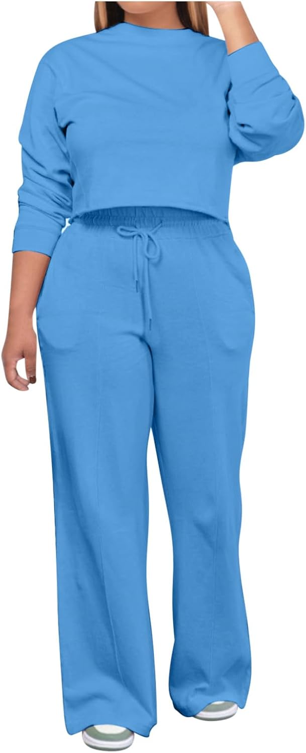HGps8w Women Solid Color Sweatsuit Casual 2 Piece Outfits Pullover Cropped Sweatshirts & Wide Leg Pants Tracksuit Sets