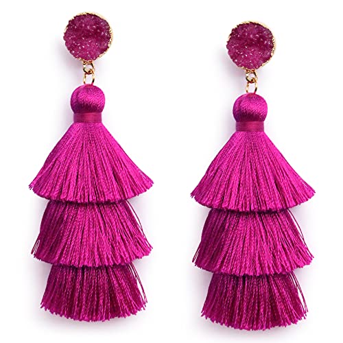 Big Magenta Tassel Earrings Dangle Drop Statement Fringe Long Fuchsia Pink Earrings for Women Dangling Boho Fancy Christmas Party Costumed Magenta Pink Jewelry Gift