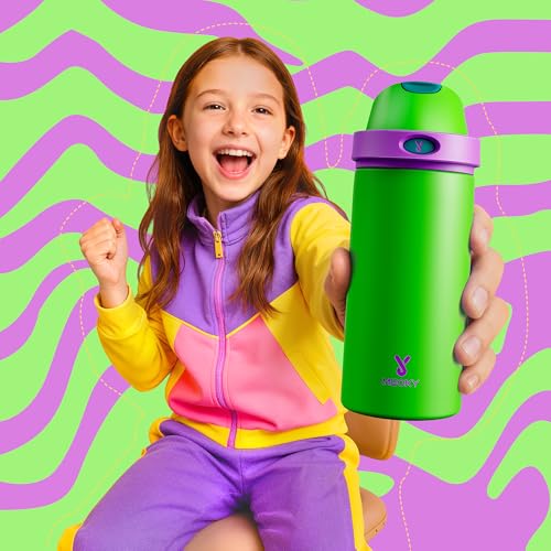 Image of 18 oz Kids Water Bottle for School: Meoky 18 oz Stainless Steel Insulated Water Bottle with 2-in-1 Straw and Spout Lid - Leak Proof, Cold for 24 Hours, BPA-Free for Teens Boys Girls, Power Green