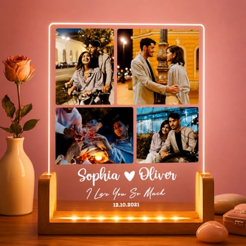 Image of Custom Photo Collage LED Lamp, Personalised Acrylic Night Light, Warm White, Modern Style, Anniversary and Birthday Gift for Couples and Friends (Design 1)