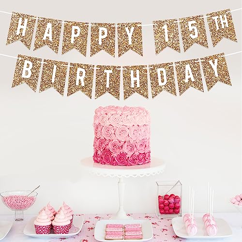 Image of Pre-Strung Happy 15th Birthday Banner - Gold Glitter Birthday Banner
