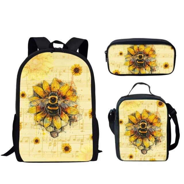 GLENLCWE Sunflower Bee Music Note Backpack with Lunch Bag Pencil Bag for Girls 9-10,Kids 3 in 1 Backpack Kit Lightweight Daypack for School Travel