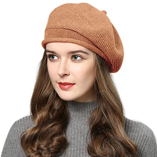 French Style Beret Hat For Women Winter Fall Knit Artist Hats Classic Solid Color Beanie Hat (Camel) #TOP8