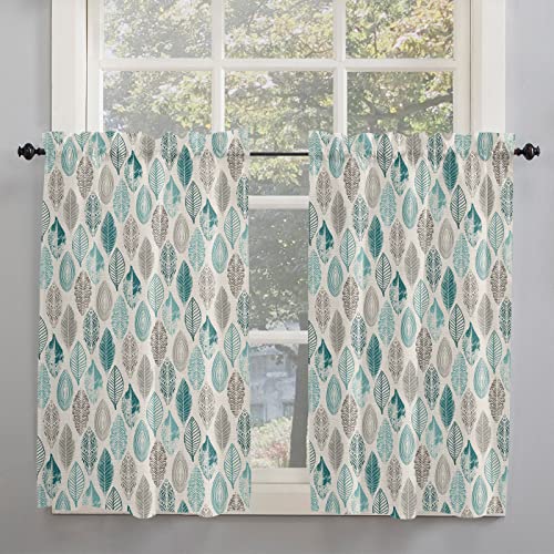 Leaf 2Pc Kitchen Curtain Set Short Window Treatment Tiers Curtain Semi Blackout Curtains Rod Pocket Half Window Curtains 27.5"X45" Bathroom Bedroom Decor, Modern Art Teal Gray Leaves Retro Style #TOP1