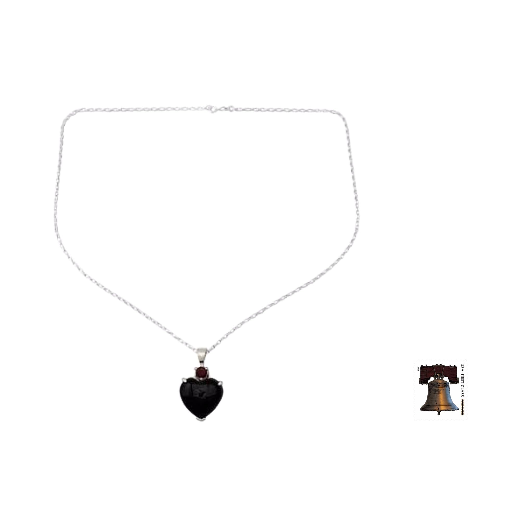 NOVICA Artisan Handmade Onyx Garnet Heart Necklace Sterling Silver Red Pendant India Birthstone [17.75 in L 1 mm W Pendant(s) 1.3 in L x 0.8 in W x 0.2 in D] ' Goth Love'
