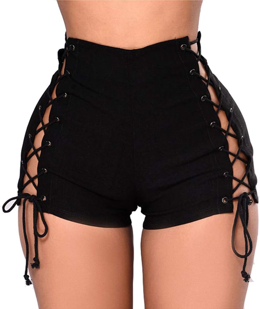 SusupengWomen Mid Rise Side Straps Lace Up Stretch Denim Jean Booty Hot Shorts