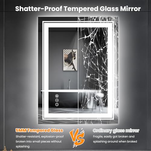 LED Bathroom Mirror, 20"x28" Mirror with Front and Backlit, Anti-Fog, Bathroom Vanity Mirror for Wall, Memory, Stepless Dimmable, Tempered Glass (Horizontal/Vertical)