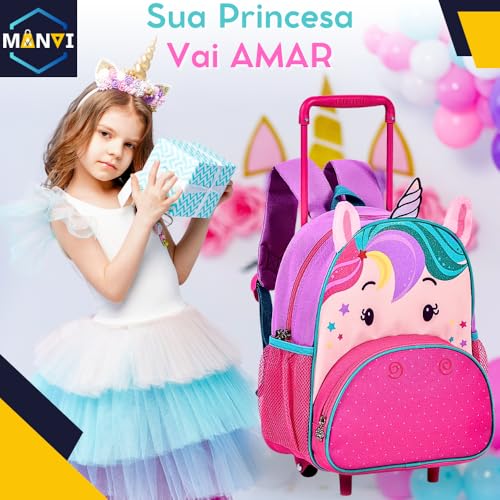 Mochila Infantil de Rodinha Unicórnio 3D, Menina, 14 Litros, Rosa e Lilás, com Puxador Ajustável, Id