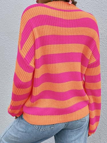Image of SOLY HUX Women's Color Block Striped Knit Tops Casual Long Sleeve Drop Shoulder Sweater Pullovers