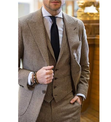 Men's Houndstooth Suit Work Office Single Breasted Button Tuxedo Three Pieces Set2