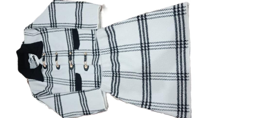 Women's Plaid Jacket and Skirt Set, White and Black, Toggle Button Closure, Checkered Pattern, Two Piece Suit