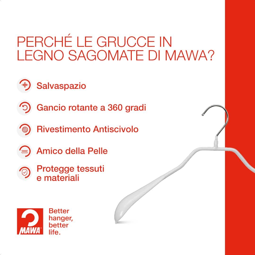 MAWA Grucce Appendiabiti Ergonomiche in Metallo, Set di 25, Ideali per Cappotti, Giacche, Blazer e Completi, Gancio Girevole 360°, Rivestimento Antiscivolo, 42 cm, Bianco