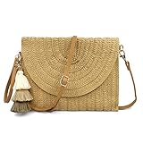 Aovtero Straw Clutch Purse Women Crossbody Bag Summer Beach Shoulder Bags Envelope Wallet Handbags (Light Brown)