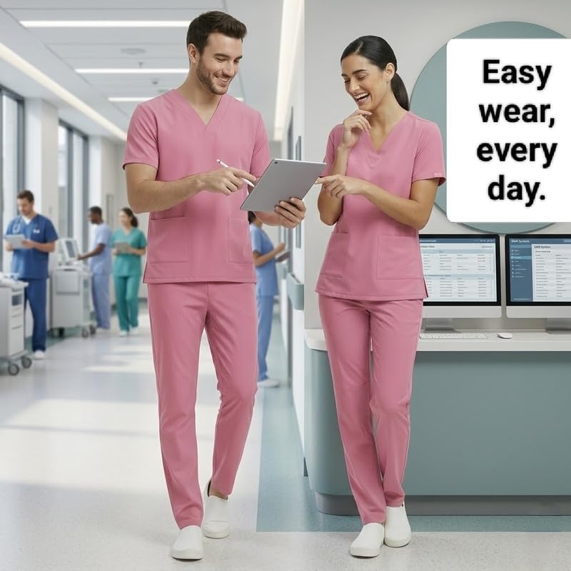Image of TrendyUniform Unisex Regular Fit Polyester Cotton Scrub Suit for Componder| V-Neck Top and Drawstring Pant |Half Sleeves Hospital Uniform for Doctors, Nurses and Dentist, OT